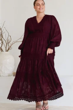 Rouge Maxi Dress - Lace Overlay Tiered Dress in Wine><noscript><img width=