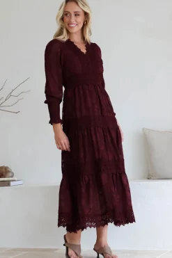 Rouge Maxi Dress - Lace Overlay Tiered Dress in Wine><noscript><img width=
