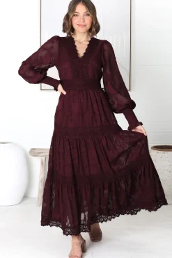 Rouge Maxi Dress - Lace Overlay Tiered Dress in Wine><noscript><img width=