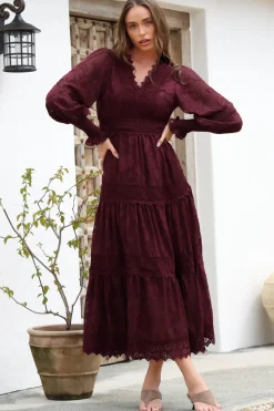 Rouge Maxi Dress - Lace Overlay Tiered Dress in Wine><noscript><img width=