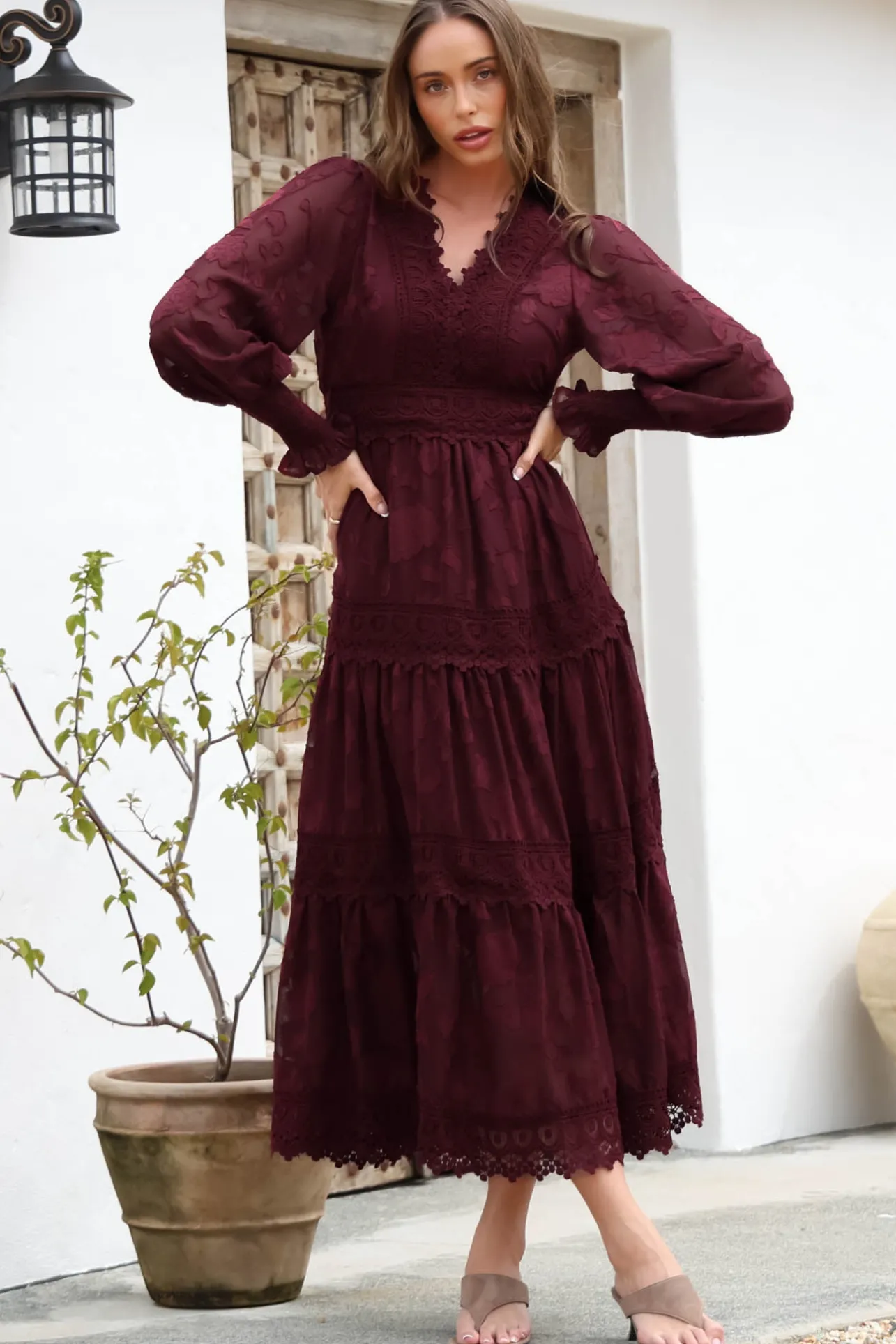 Rouge Maxi Dress - Lace Overlay Tiered Dress in Wine>Salty Crush Online