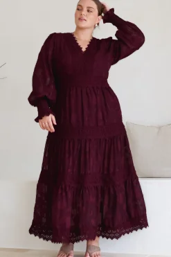 Rouge Maxi Dress - Lace Overlay Tiered Dress in Wine><noscript><img width=