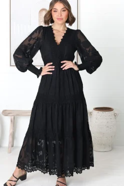 Rouge Maxi Dress - Lace Overlay Tiered Dress in Black>Salty Crush Discount
