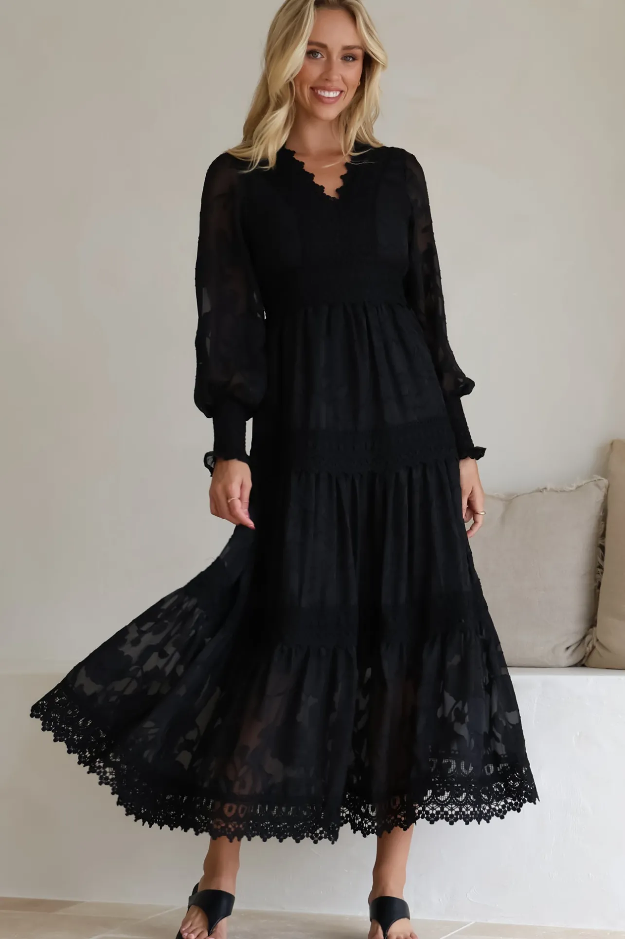 Rouge Maxi Dress - Lace Overlay Tiered Dress in Black>Salty Crush Discount