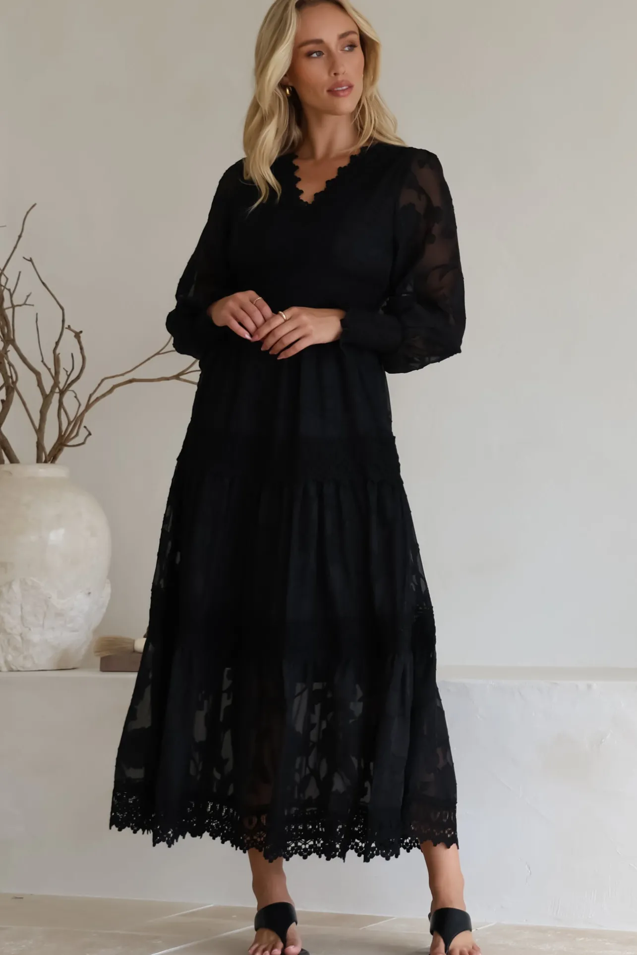 Rouge Maxi Dress - Lace Overlay Tiered Dress in Black>Salty Crush Discount