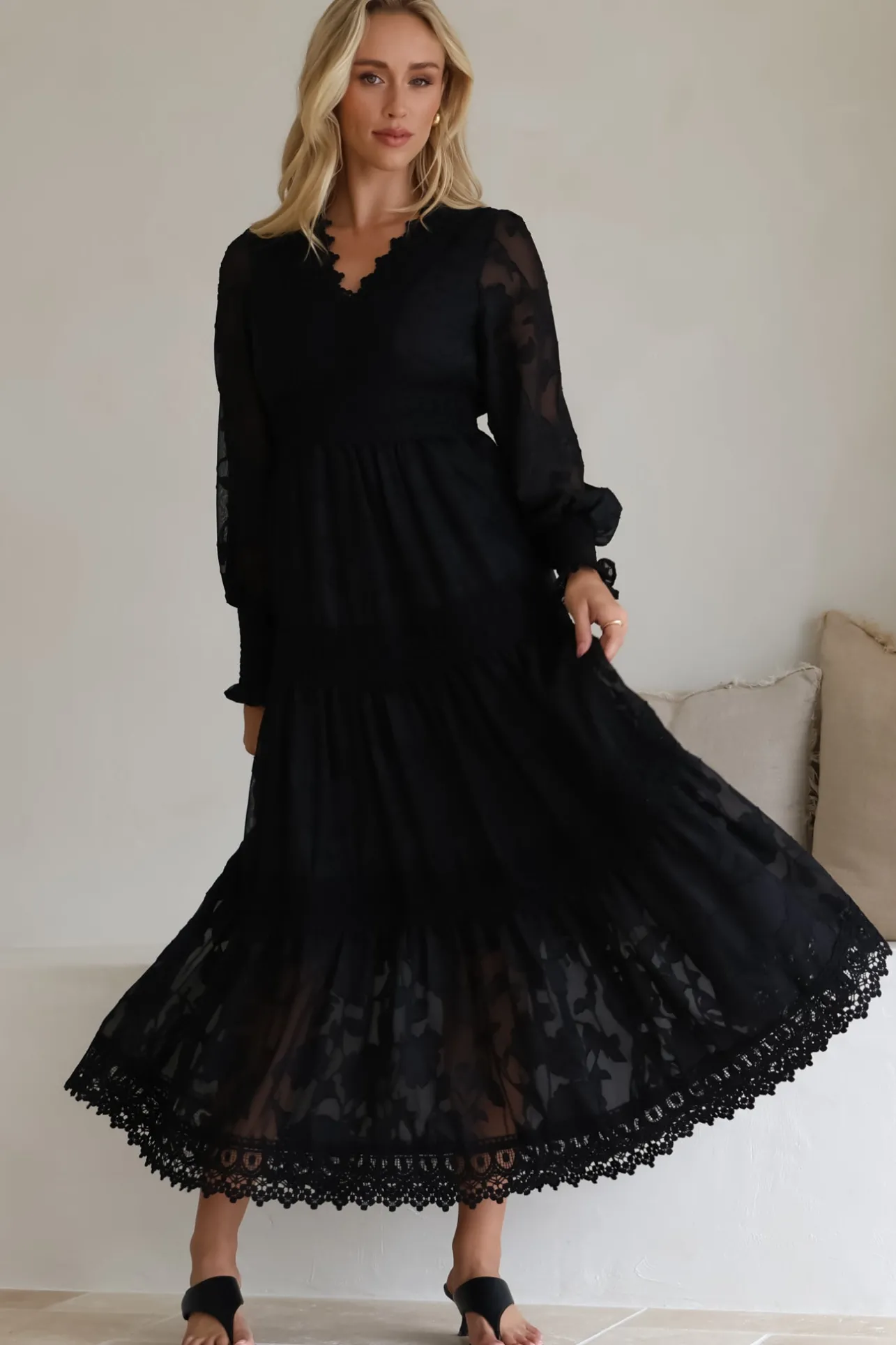 Rouge Maxi Dress - Lace Overlay Tiered Dress in Black>Salty Crush Discount