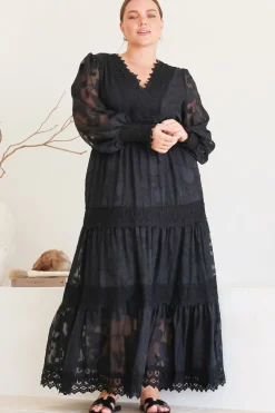 Rouge Maxi Dress - Lace Overlay Tiered Dress in Black><noscript><img width=