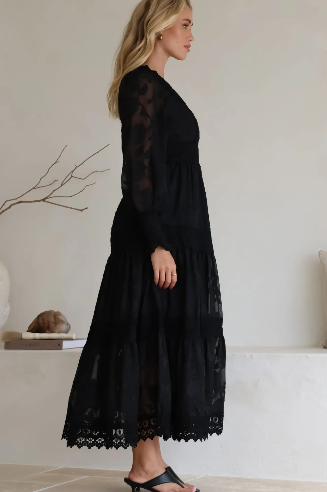 Rouge Maxi Dress - Lace Overlay Tiered Dress in Black>Salty Crush Discount