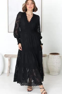 Rouge Maxi Dress - Lace Overlay Tiered Dress in Black><noscript><img width=