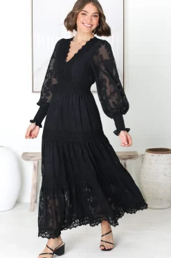 Rouge Maxi Dress - Lace Overlay Tiered Dress in Black><noscript><img width=