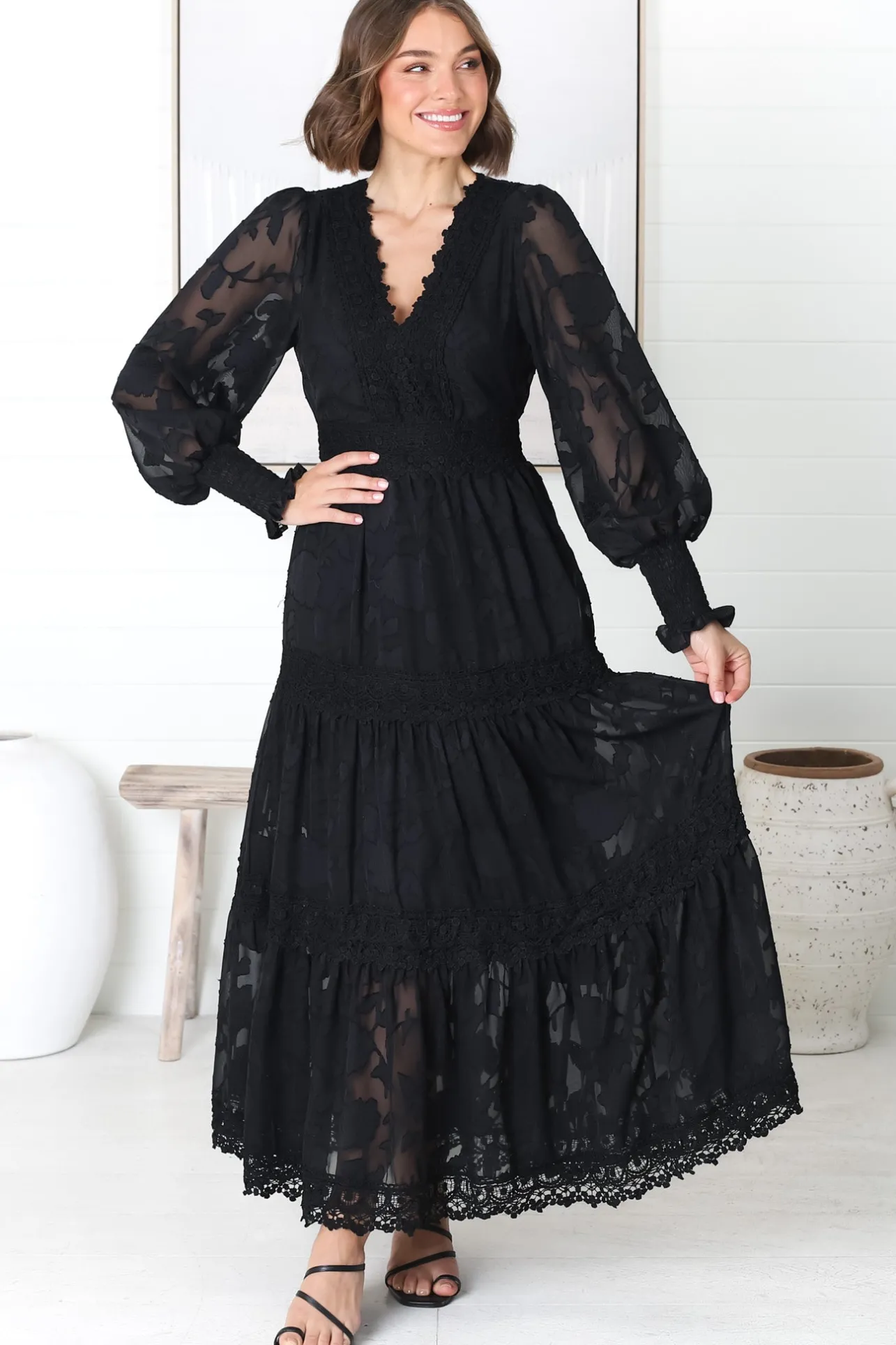 Rouge Maxi Dress - Lace Overlay Tiered Dress in Black>Salty Crush Discount