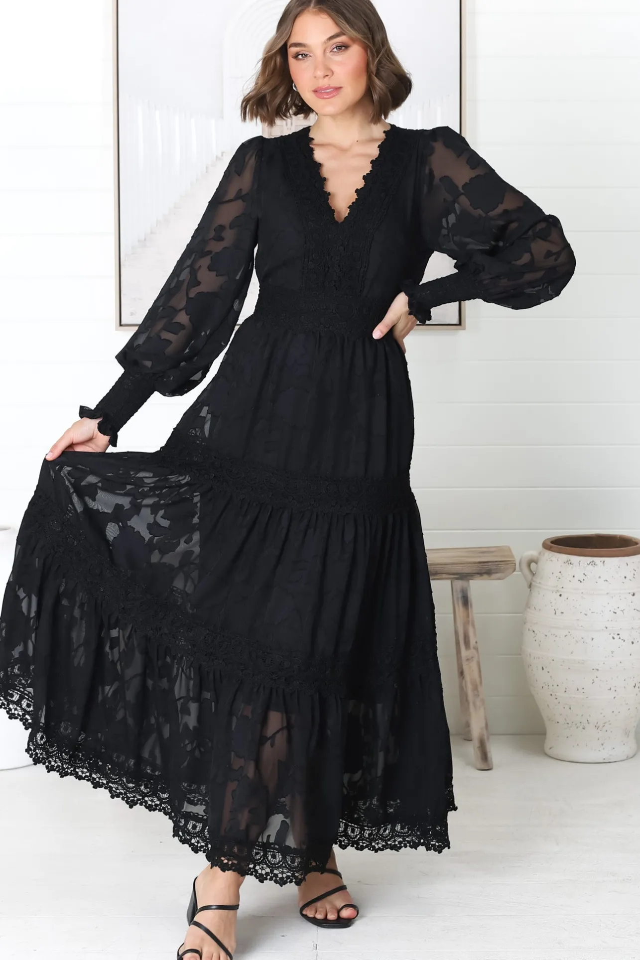 Rouge Maxi Dress - Lace Overlay Tiered Dress in Black>Salty Crush Discount