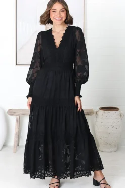 Rouge Maxi Dress - Lace Overlay Tiered Dress in Black><noscript><img width=
