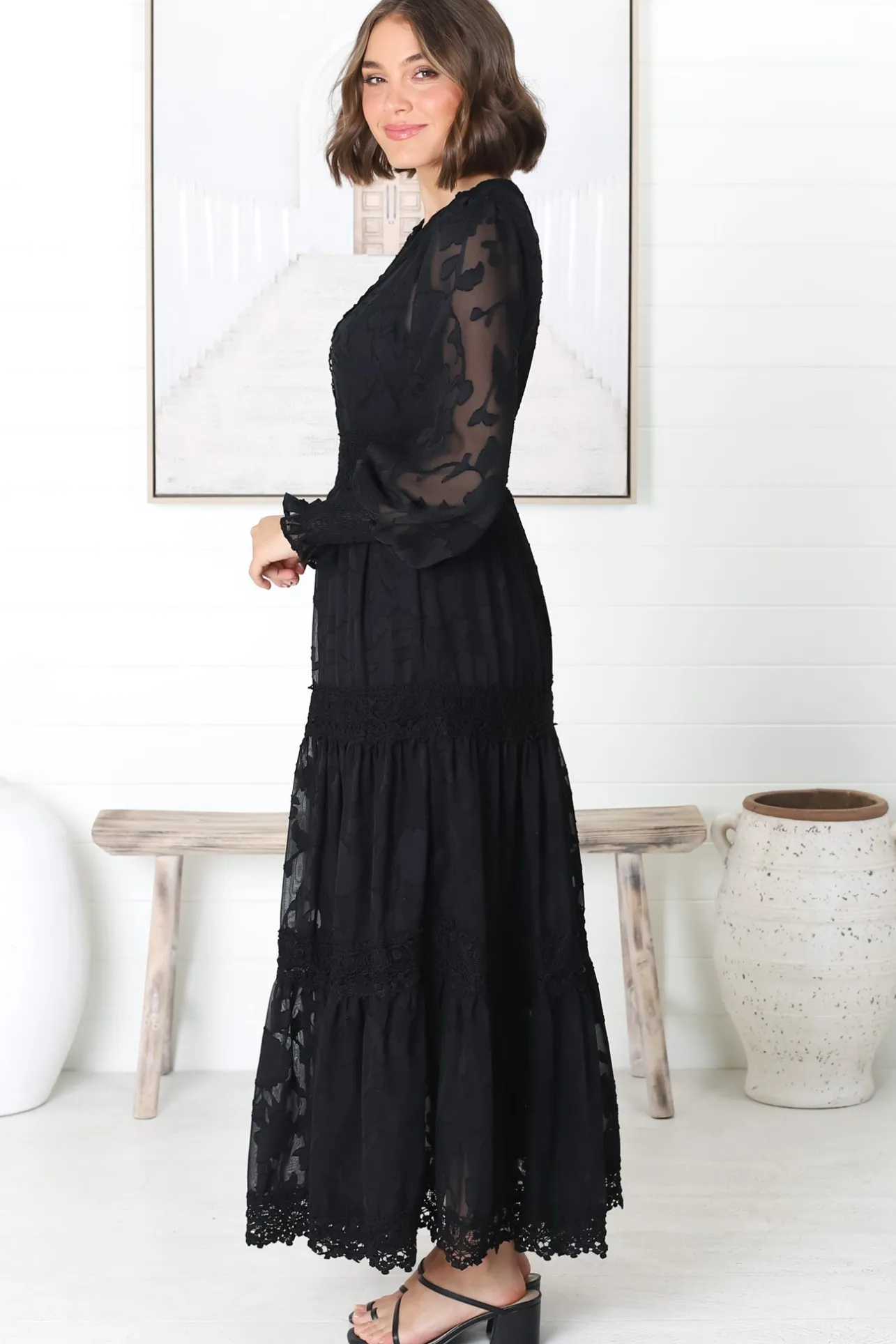 Rouge Maxi Dress - Lace Overlay Tiered Dress in Black>Salty Crush Discount