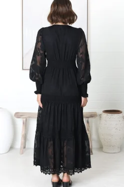 Rouge Maxi Dress - Lace Overlay Tiered Dress in Black><noscript><img width=