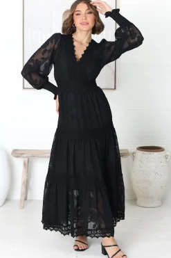 Rouge Maxi Dress - Lace Overlay Tiered Dress in Black><noscript><img width=