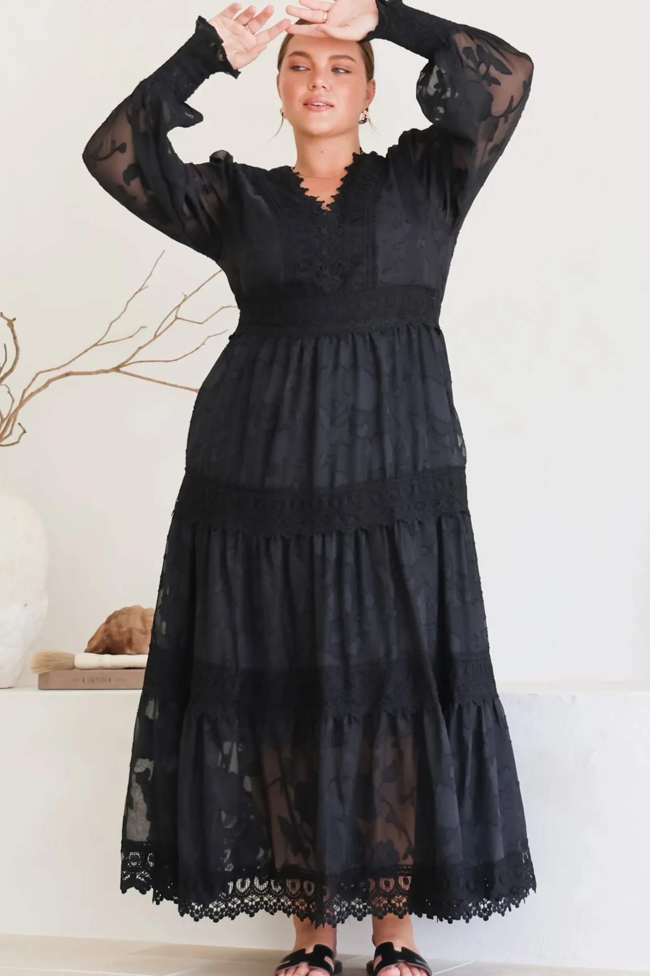 Rouge Maxi Dress - Lace Overlay Tiered Dress in Black>Salty Crush Discount
