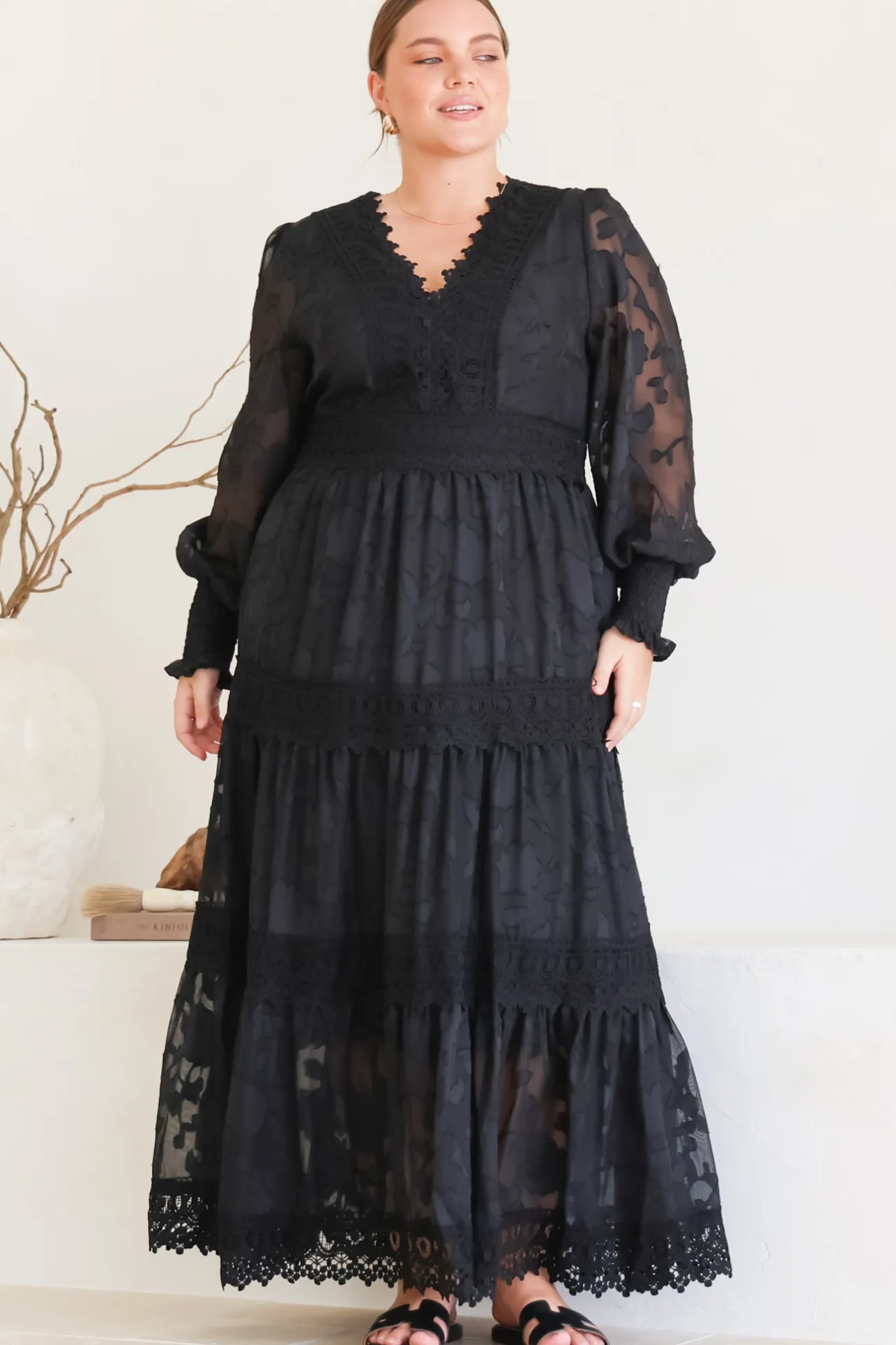 Rouge Maxi Dress - Lace Overlay Tiered Dress in Black>Salty Crush Discount