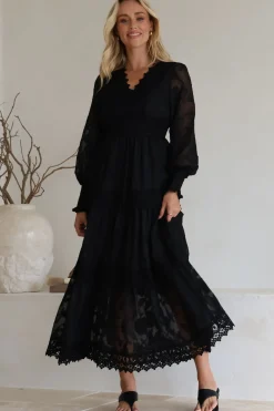 Rouge Maxi Dress - Lace Overlay Tiered Dress in Black><noscript><img width=