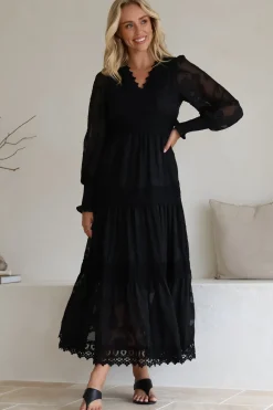 Rouge Maxi Dress - Lace Overlay Tiered Dress in Black><noscript><img width=