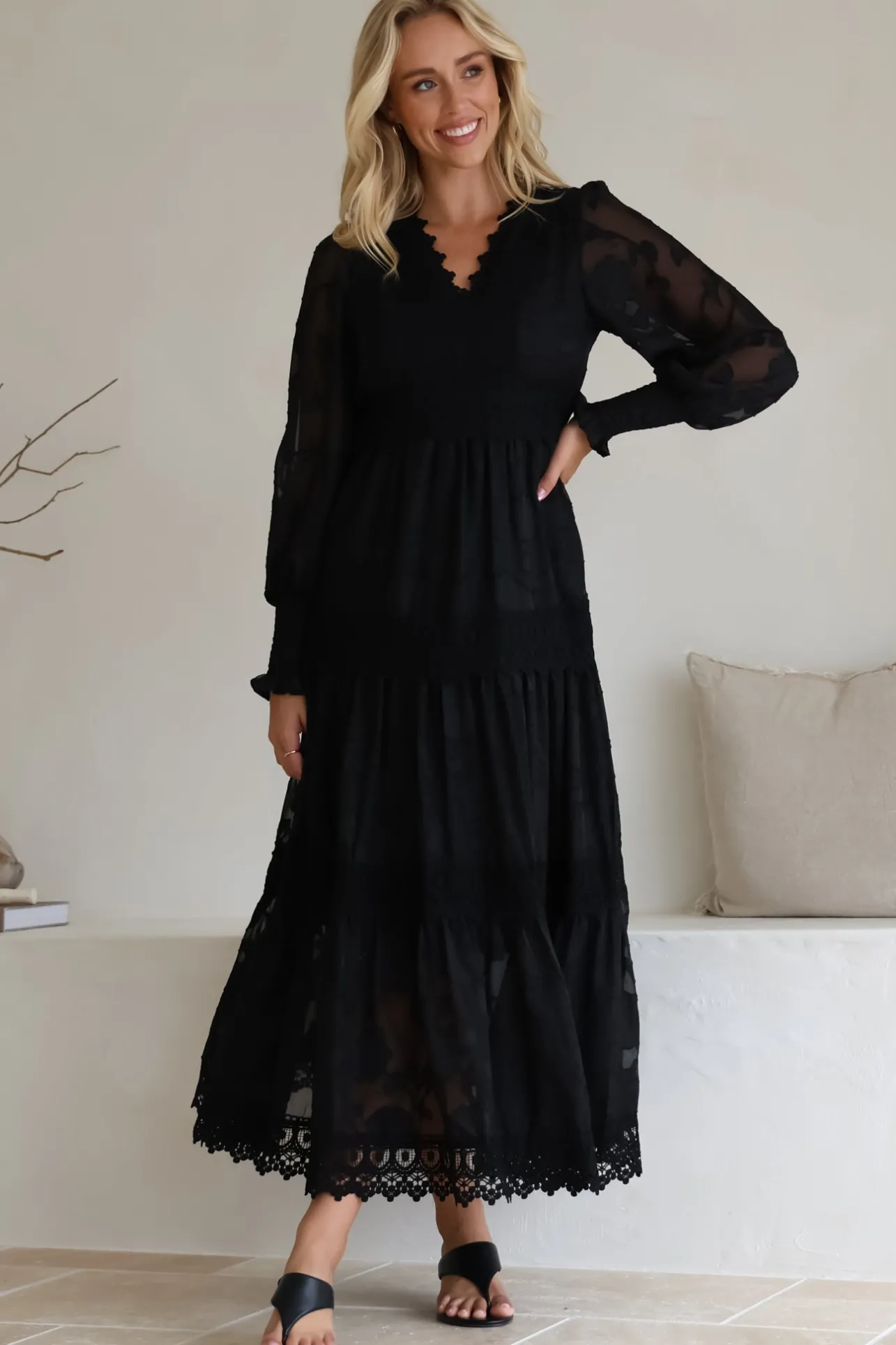 Rouge Maxi Dress - Lace Overlay Tiered Dress in Black>Salty Crush Discount