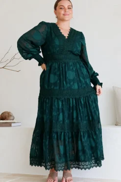 Rouge Maxi Dress - Lace Overlay Tiered Dress in Emerald><noscript><img width=