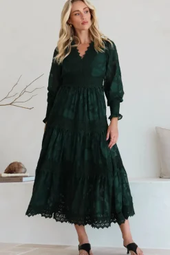 Rouge Maxi Dress - Lace Overlay Tiered Dress in Emerald><noscript><img width=
