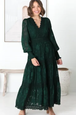 Rouge Maxi Dress - Lace Overlay Tiered Dress in Emerald><noscript><img width=