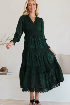 Rouge Maxi Dress - Lace Overlay Tiered Dress in Emerald><noscript><img width=