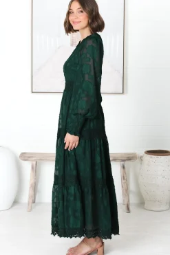 Rouge Maxi Dress - Lace Overlay Tiered Dress in Emerald><noscript><img width=