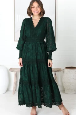 Rouge Maxi Dress - Lace Overlay Tiered Dress in Emerald><noscript><img width=