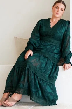 Rouge Maxi Dress - Lace Overlay Tiered Dress in Emerald><noscript><img width=