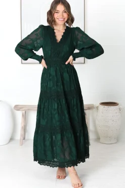 Rouge Maxi Dress - Lace Overlay Tiered Dress in Emerald><noscript><img width=