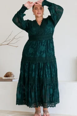 Rouge Maxi Dress - Lace Overlay Tiered Dress in Emerald><noscript><img width=