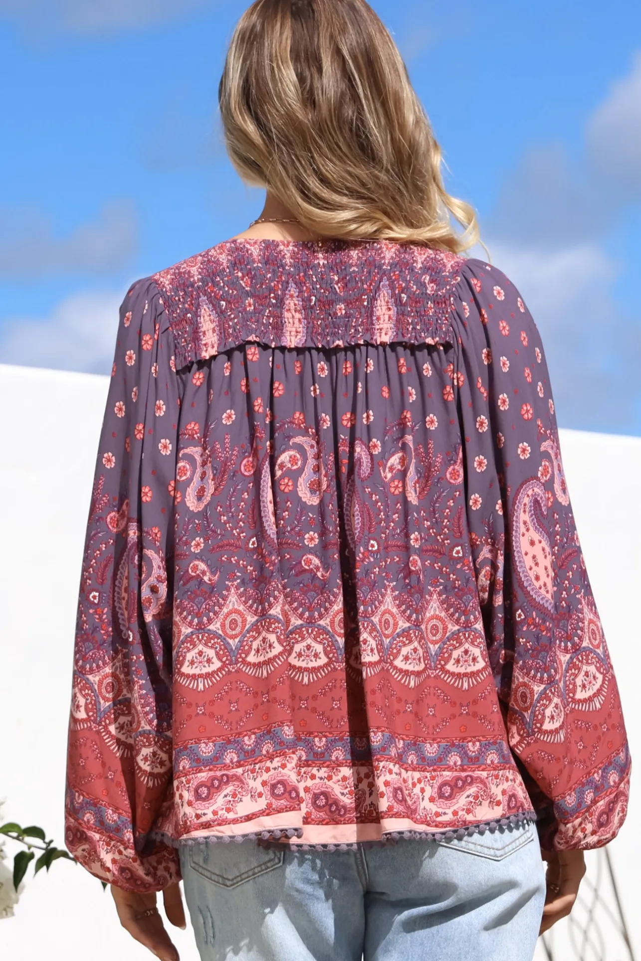 Rue Top - V Neck Smock Top with Crochet Trim in Dancing Daisy Print>Jaase Discount