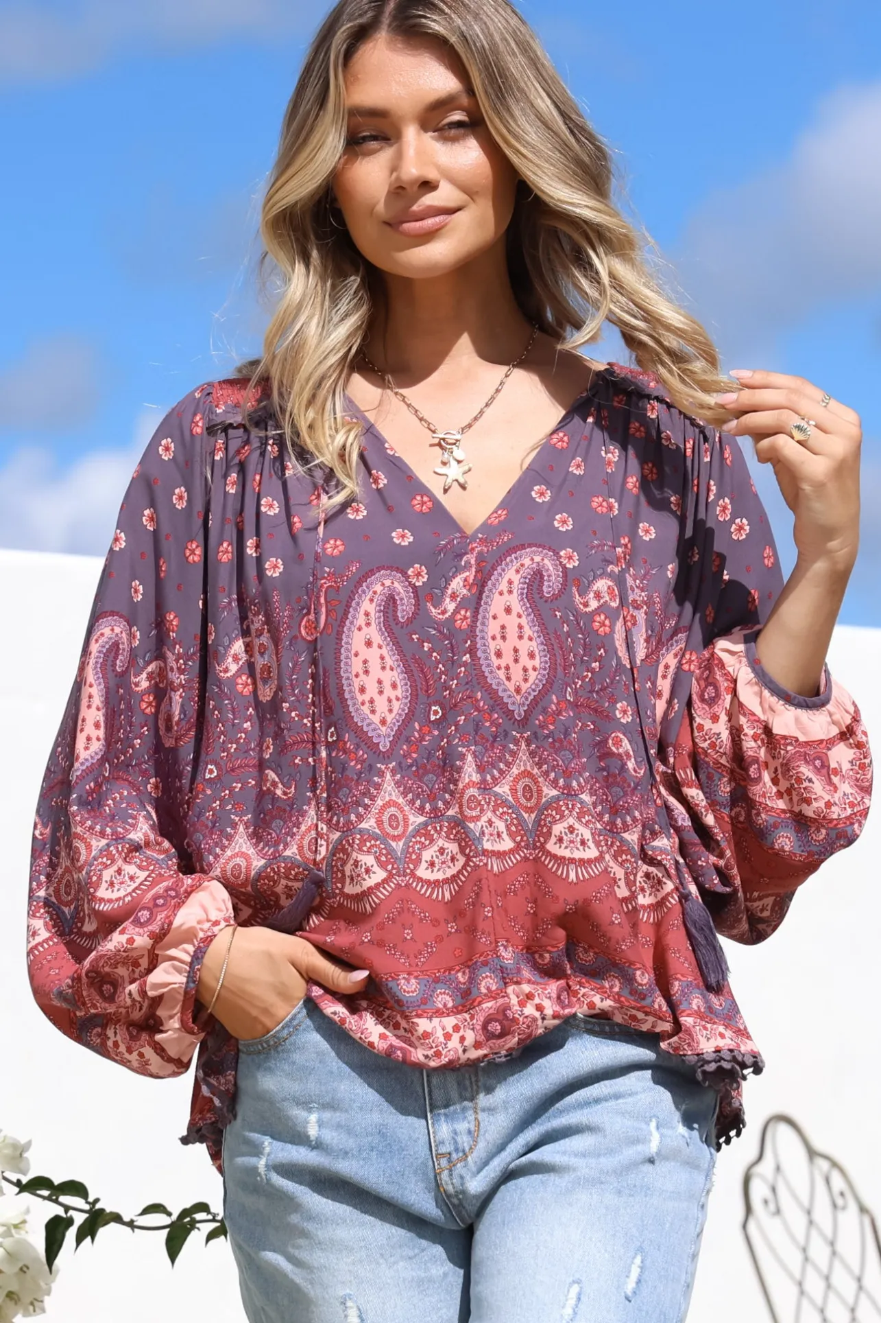 Rue Top - V Neck Smock Top with Crochet Trim in Dancing Daisy Print>Jaase Discount