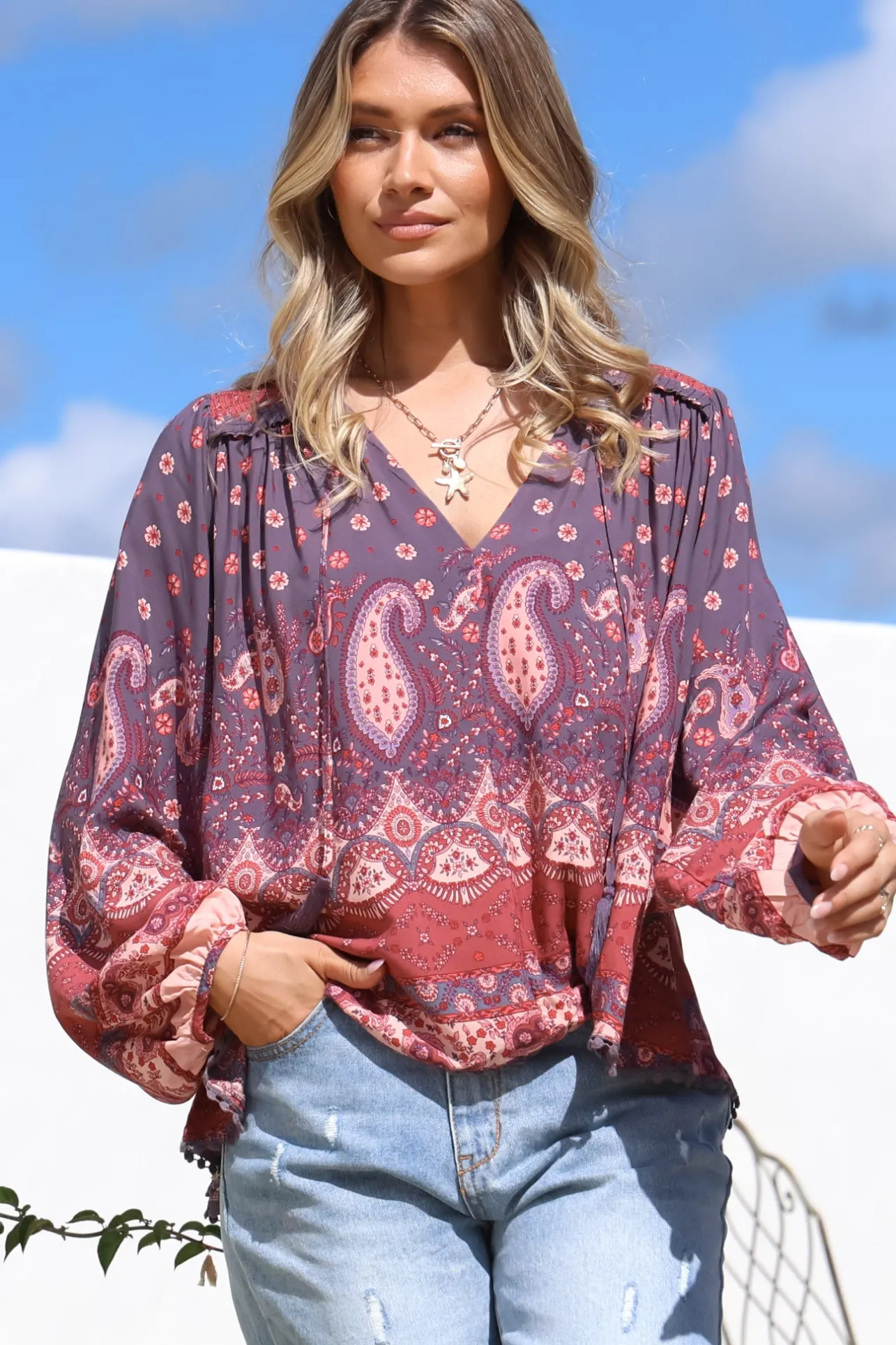 Rue Top - V Neck Smock Top with Crochet Trim in Dancing Daisy Print>Jaase Discount