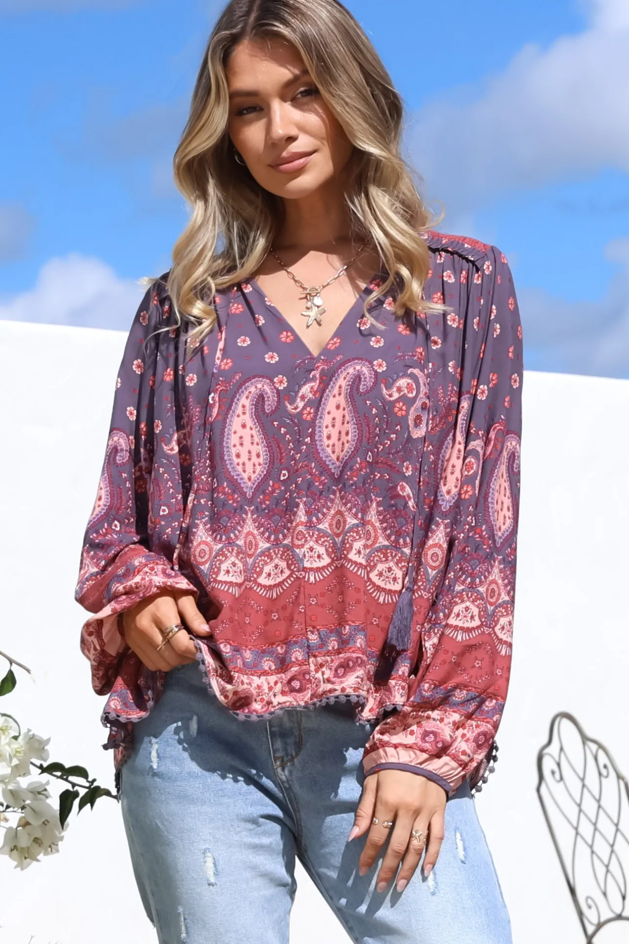 Rue Top - V Neck Smock Top with Crochet Trim in Dancing Daisy Print>Jaase Discount