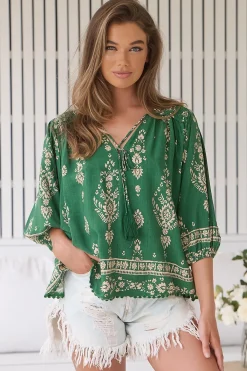Rue Top - V Neck Smock Top with Crochet Trim in Kiva Print>Jaase