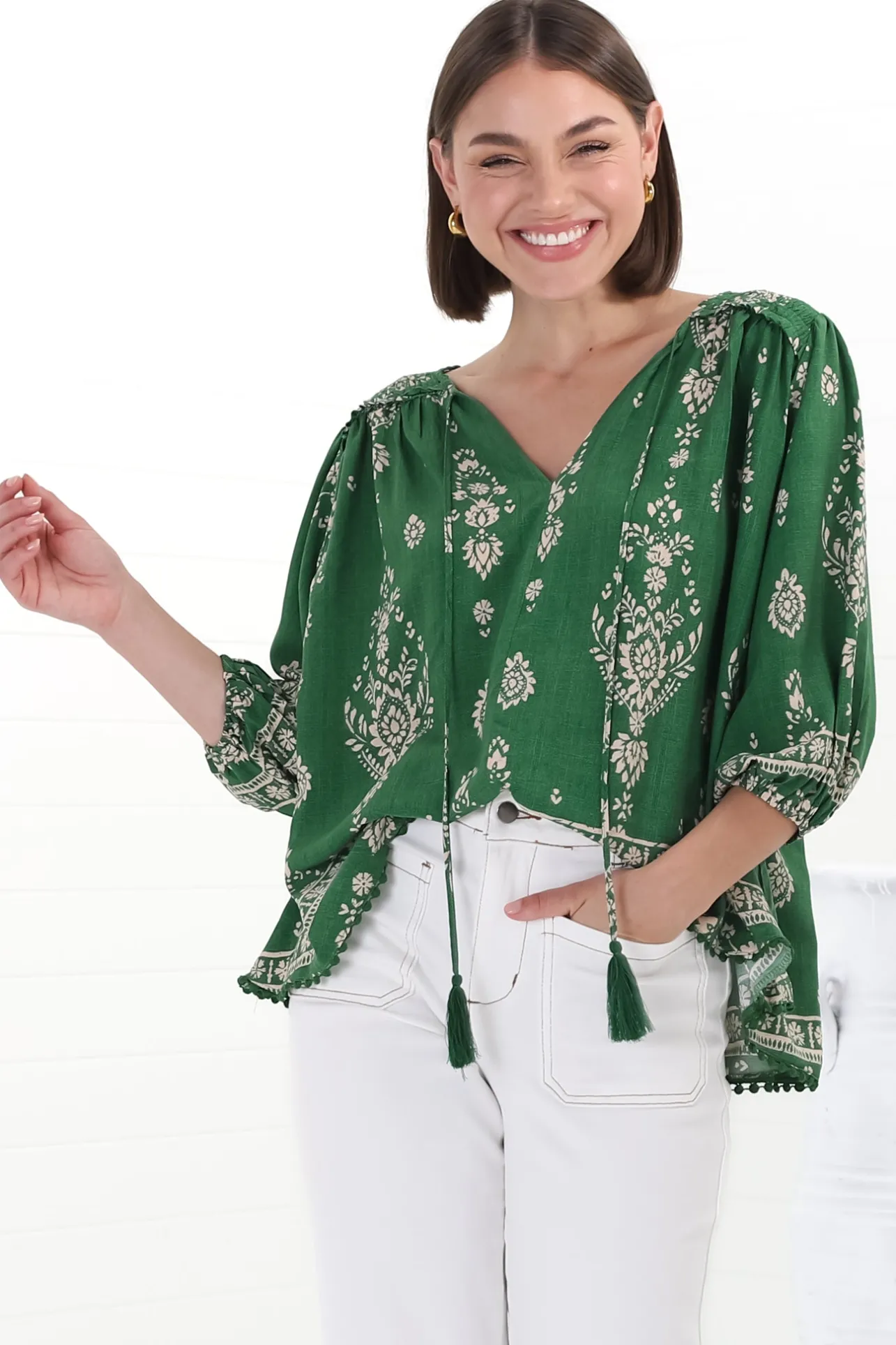 Rue Top - V Neck Smock Top with Crochet Trim in Kiva Print>Jaase