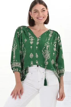 Rue Top - V Neck Smock Top with Crochet Trim in Kiva Print><noscript><img width=