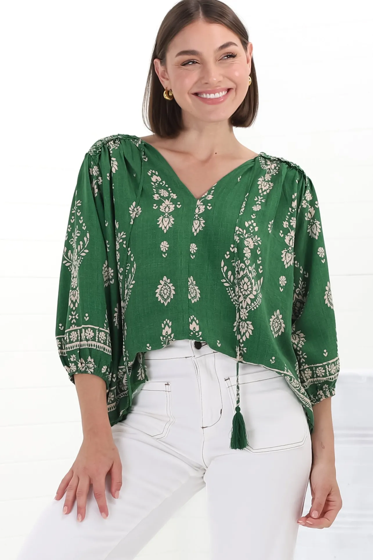 Rue Top - V Neck Smock Top with Crochet Trim in Kiva Print>Jaase