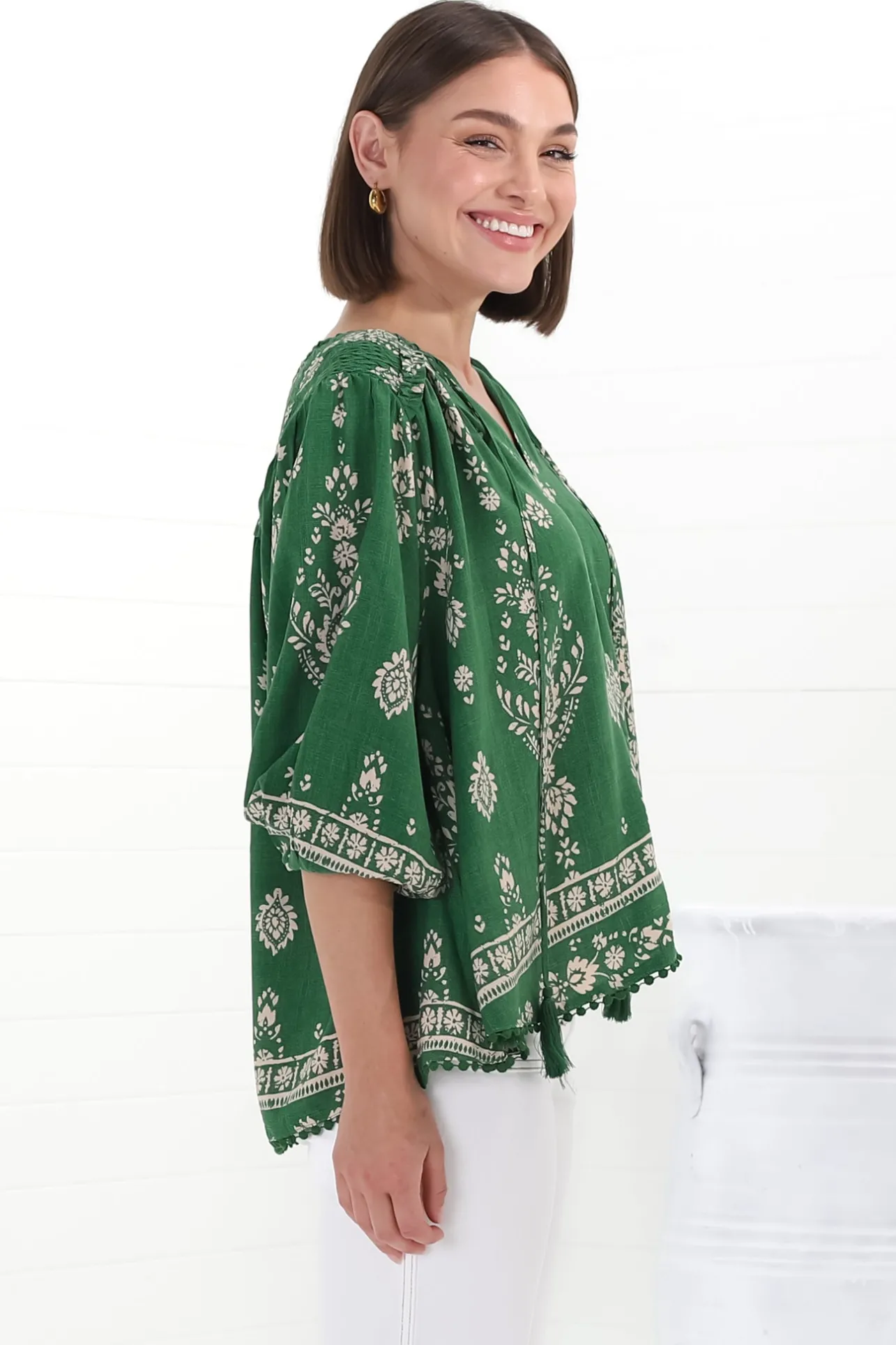 Rue Top - V Neck Smock Top with Crochet Trim in Kiva Print>Jaase