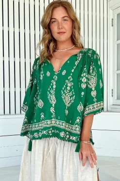 Rue Top - V Neck Smock Top with Crochet Trim in Kiva Print><noscript><img width=