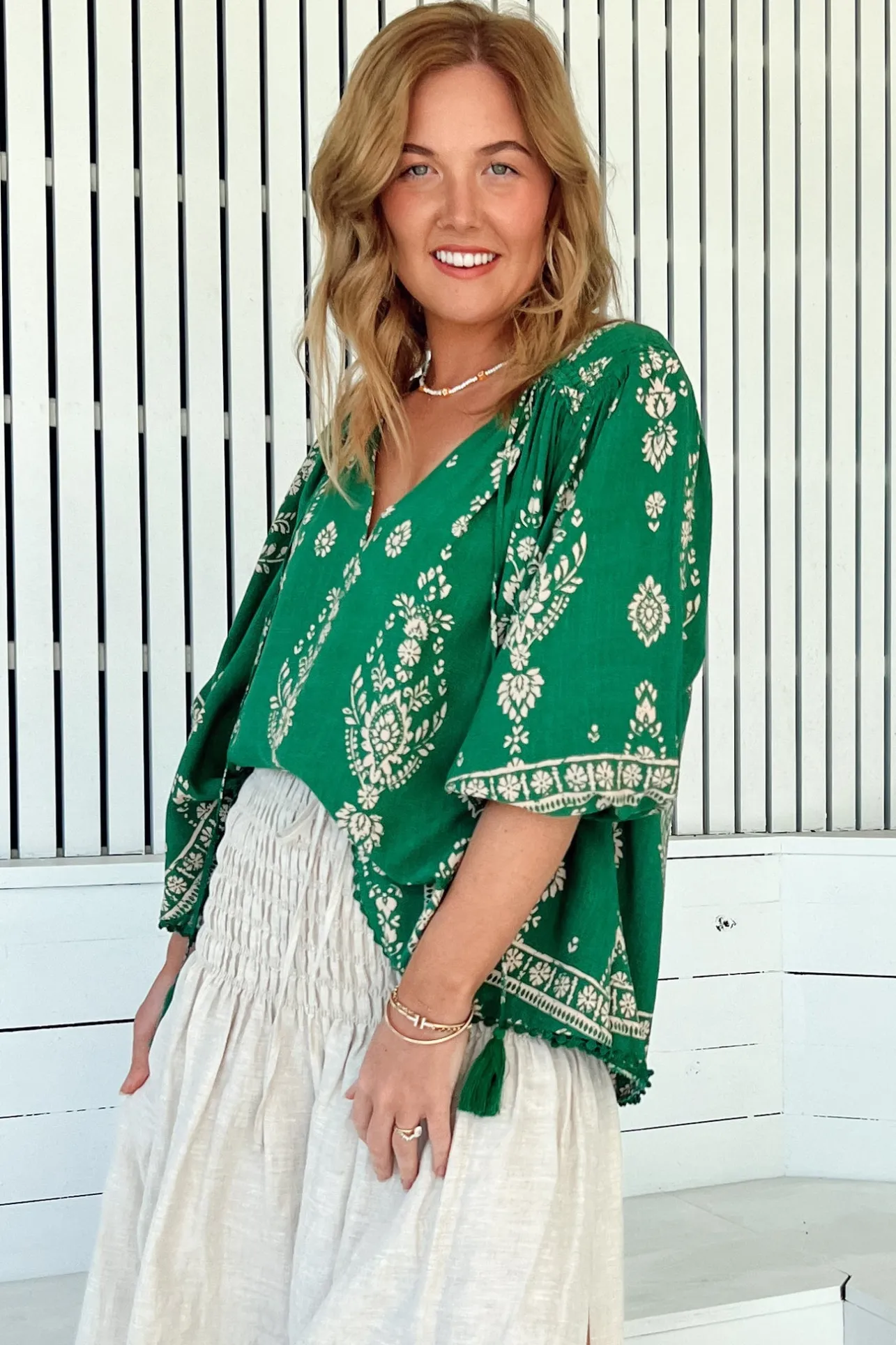 Rue Top - V Neck Smock Top with Crochet Trim in Kiva Print>Jaase