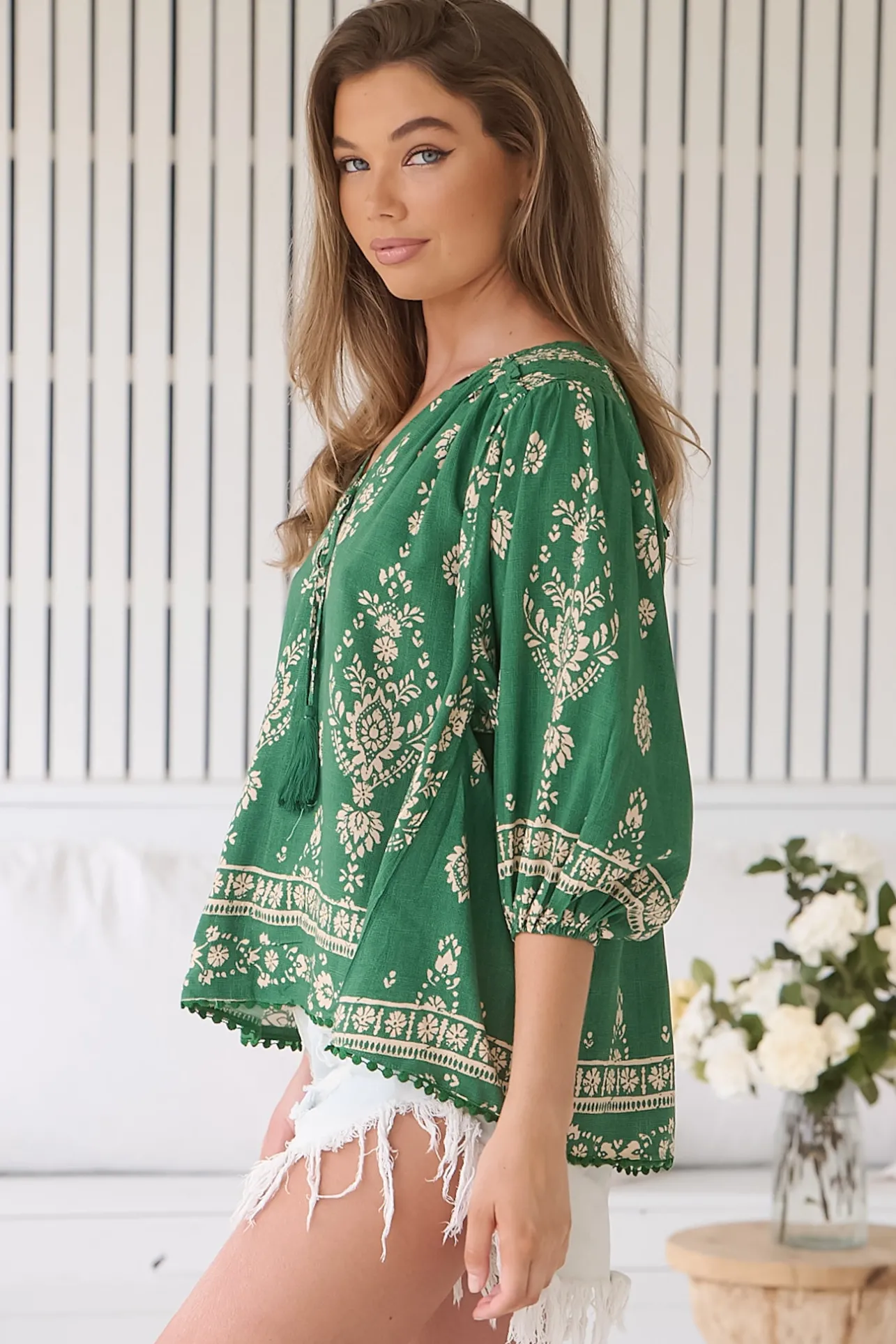 Rue Top - V Neck Smock Top with Crochet Trim in Kiva Print>Jaase