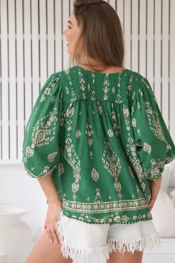 Rue Top - V Neck Smock Top with Crochet Trim in Kiva Print><noscript><img width=