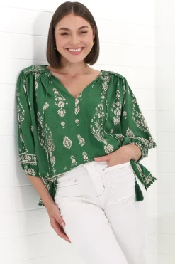 Rue Top - V Neck Smock Top with Crochet Trim in Kiva Print><noscript><img width=