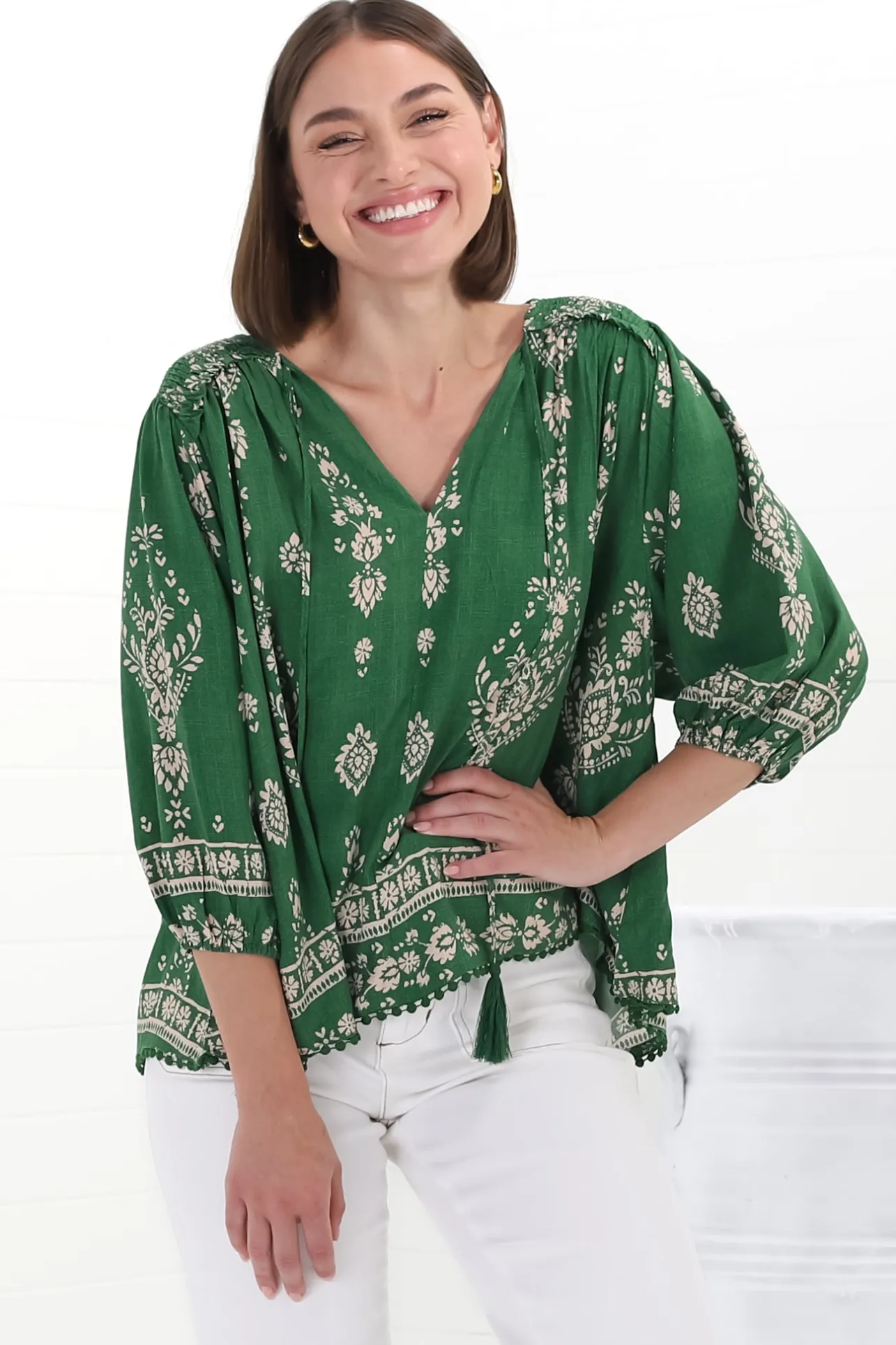 Rue Top - V Neck Smock Top with Crochet Trim in Kiva Print>Jaase