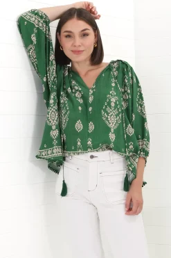 Rue Top - V Neck Smock Top with Crochet Trim in Kiva Print><noscript><img width=